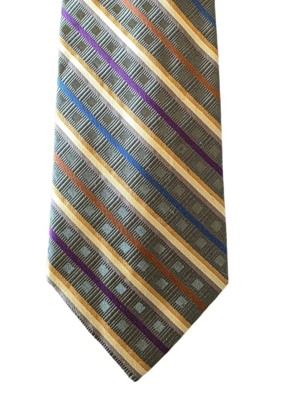 Rooster 100% Silk Tie Green Blue Purple Gold Geometric Striped Necktie 3.5”